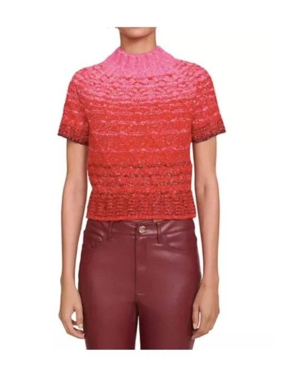 STAUD Young Cropped Sweater Ombre Diamond Lace Knit Pink & Red Size Small